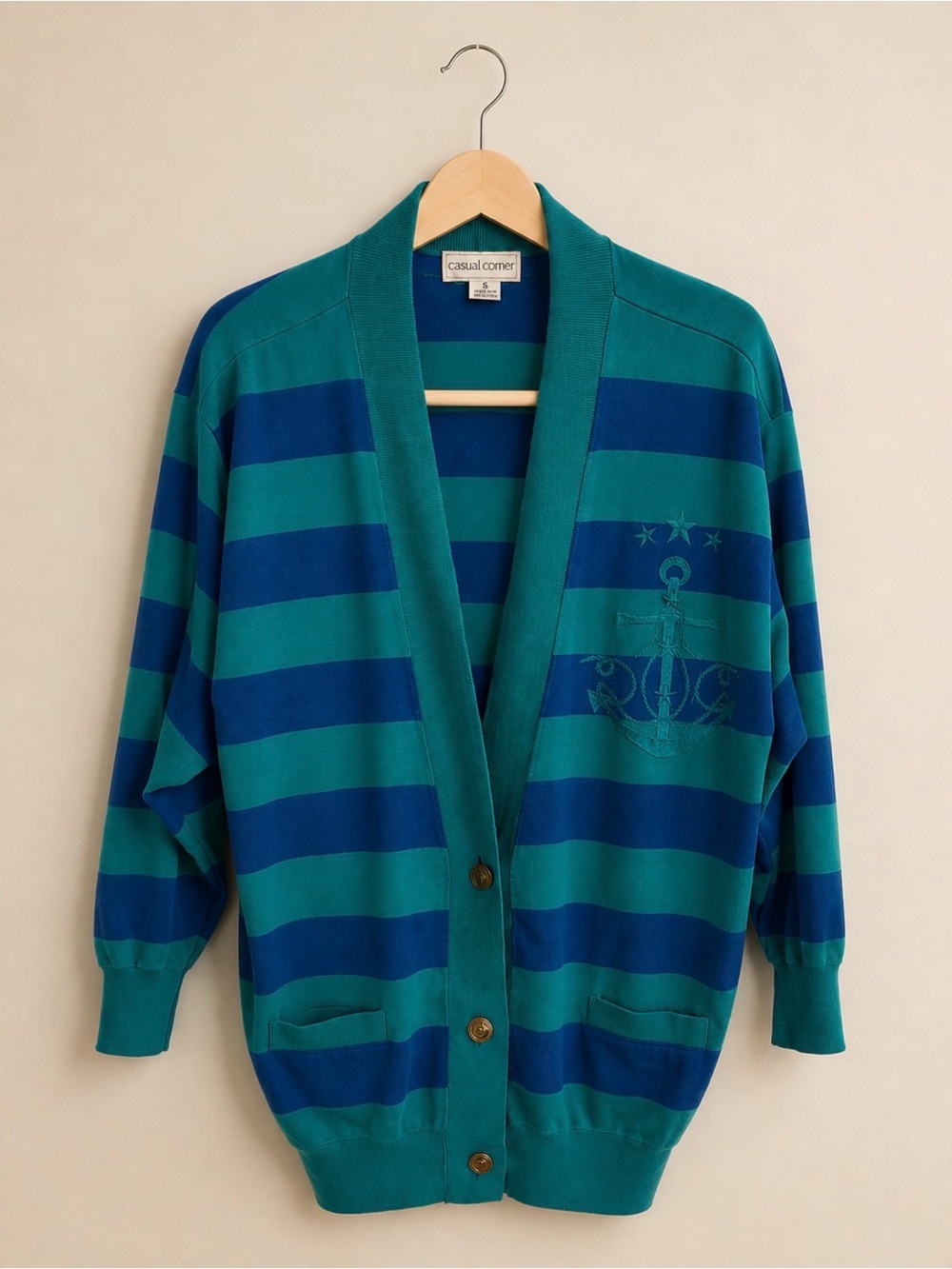 Vintage Nautical Anchor Embroidered Striped Cardigan